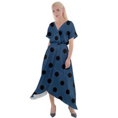 Large Black Polka Dots On Aegean Blue - Cross Front Sharkbite Hem Maxi Dress by FashionLane