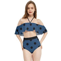 Large Black Polka Dots On Aegean Blue - Halter Flowy Bikini Set  by FashionLane