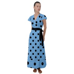 Large Black Polka Dots On Aero Blue - Flutter Sleeve Maxi Dress by FashionLane