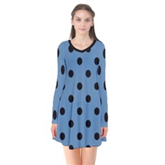 Large Black Polka Dots On Air Force Blue - Long Sleeve V-neck Flare Dress by FashionLane