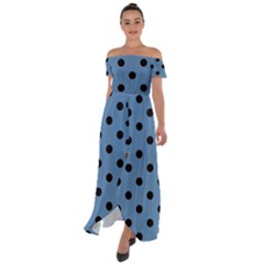 Large Black Polka Dots On Air Force Blue - Off Shoulder Open Front Chiffon Dress by FashionLane