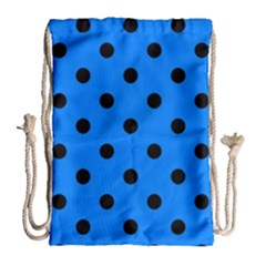 Large Black Polka Dots On Azure Blue - Drawstring Bag (large)