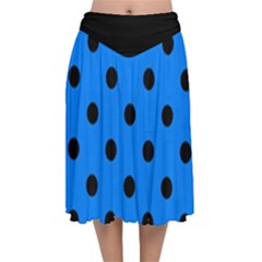 Large Black Polka Dots On Azure Blue - Velvet Flared Midi Skirt by FashionLane