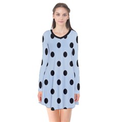 Large Black Polka Dots On Beau Blue - Long Sleeve V-neck Flare Dress by FashionLane