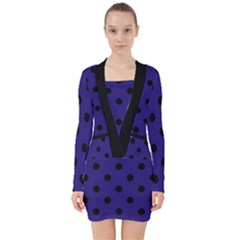 Large Black Polka Dots On Berry Blue - V-neck Bodycon Long Sleeve Dress by FashionLane