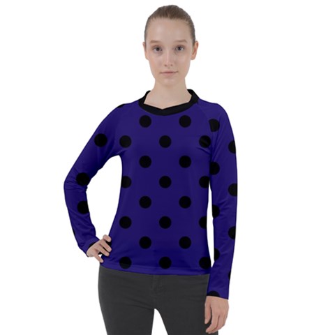 Large Black Polka Dots On Berry Blue - Women s Pique Long Sleeve Tee by FashionLane