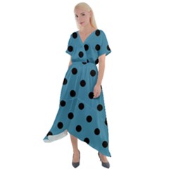 Large Black Polka Dots On Blue Moon - Cross Front Sharkbite Hem Maxi Dress by FashionLane