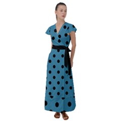 Large Black Polka Dots On Blue Moon - Flutter Sleeve Maxi Dress by FashionLane