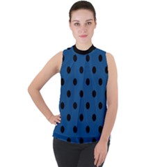 Large Black Polka Dots On Classic Blue - Mock Neck Chiffon Sleeveless Top by FashionLane