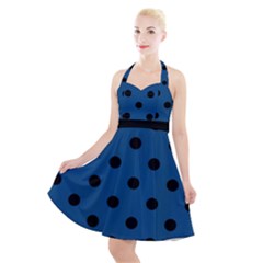 Large Black Polka Dots On Classic Blue - Halter Party Swing Dress  by FashionLane