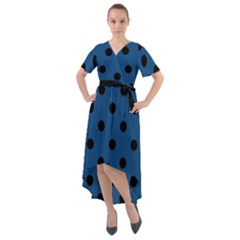 Large Black Polka Dots On Classic Blue - Front Wrap High Low Dress by FashionLane