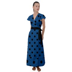Large Black Polka Dots On Classic Blue - Flutter Sleeve Maxi Dress by FashionLane