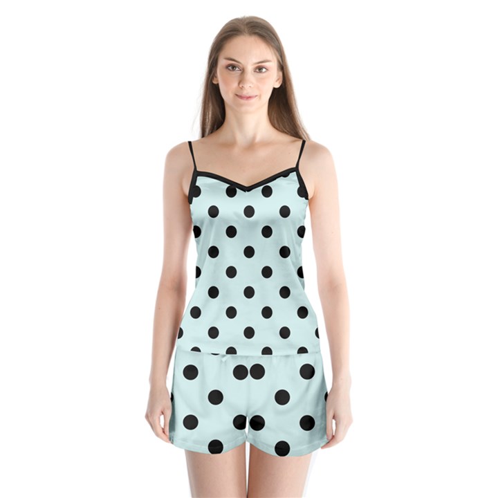 Large Black Polka Dots On Pale Blue - Satin Pajamas Set