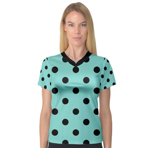 Large Black Polka Dots On Tiffany Blue - V-neck Sport Mesh Tee by FashionLane