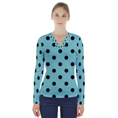 Large Black Polka Dots On Tiffany Blue - V-neck Long Sleeve Top by FashionLane