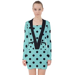 Large Black Polka Dots On Tiffany Blue - V-neck Bodycon Long Sleeve Dress by FashionLane