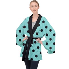 Large Black Polka Dots On Tiffany Blue - Long Sleeve Velvet Kimono  by FashionLane