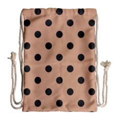 Large Black Polka Dots On Antique Brass Brown - Drawstring Bag (large)