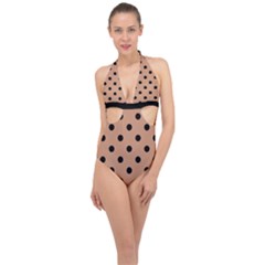 Large Black Polka Dots On Antique Brass Brown - Halter Front Plunge Swimsuit by FashionLane