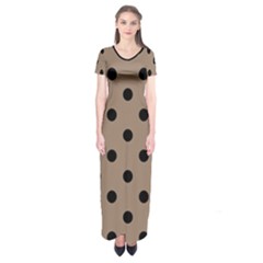 Large Black Polka Dots On Beaver Brown - Short Sleeve Maxi Dress