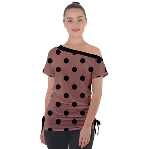 Large Black Polka Dots On Blast-off Bronze - Off Shoulder Tie-up Tee by FashionLane