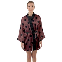 Large Black Polka Dots On Bole Brown - Long Sleeve Satin Kimono