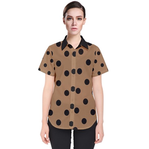 Large Black Polka Dots On Bone Brown - Women s Short Sleeve Shirt by FashionLane