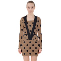 Large Black Polka Dots On Bone Brown - V-neck Bodycon Long Sleeve Dress by FashionLane