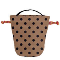 Large Black Polka Dots On Bone Brown - Drawstring Bucket Bag by FashionLane