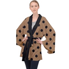 Large Black Polka Dots On Bone Brown - Long Sleeve Velvet Kimono  by FashionLane