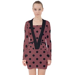 Large Black Polka Dots On Brandy Brown - V-neck Bodycon Long Sleeve Dress