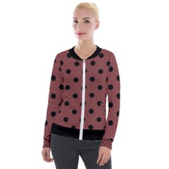Large Black Polka Dots On Brandy Brown - Velvet Zip Up Jacket by FashionLane