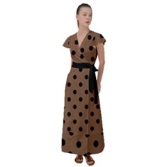 Large Black Polka Dots On Brown Bear - Flutter Sleeve Maxi Dress by FashionLane