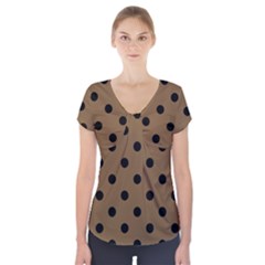 Large Black Polka Dots On Coyote Brown - Short Sleeve Front Detail Top
