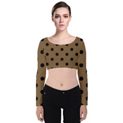 Large Black Polka Dots On Coyote Brown - Velvet Long Sleeve Crop Top by FashionLane