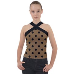 Large Black Polka Dots On Coyote Brown - Cross Neck Velour Top by FashionLane