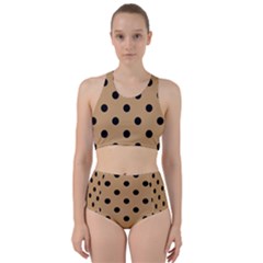 Large Black Polka Dots On Pale Brown - Racer Back Bikini Set