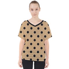 Large Black Polka Dots On Pale Brown - V-neck Dolman Drape Top