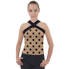 Large Black Polka Dots On Pale Brown - Cross Neck Velour Top