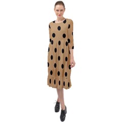 Large Black Polka Dots On Pale Brown - Ruffle End Midi Chiffon Dress