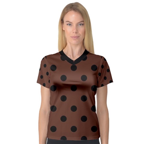 Large Black Polka Dots On Emperador Brown - V-neck Sport Mesh Tee by FashionLane