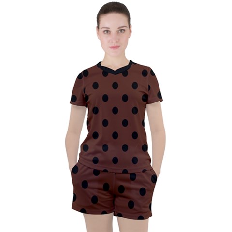 Large Black Polka Dots On Emperador Brown - Women s Tee And Shorts Set by FashionLane