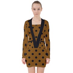 Large Black Polka Dots On Just Brown - V-neck Bodycon Long Sleeve Dress by FashionLane