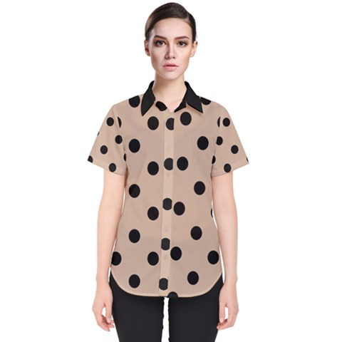 Large Black Polka Dots On Toasted Almond Brown - Women s Short Sleeve Shirt by FashionLane
