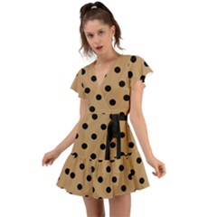 Large Black Polka Dots On Wood Brown - Flutter Sleeve Wrap Dress by FashionLane