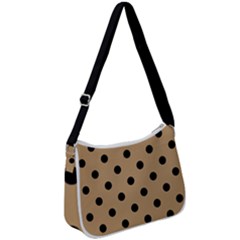 Large Black Polka Dots On Wood Brown - Zip Up Shoulder Bag by FashionLane