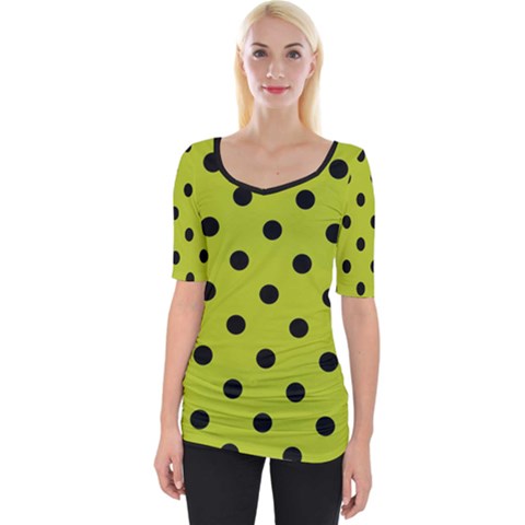 Large Black Polka Dots On Acid Green - Wide Neckline Tee by FashionLane