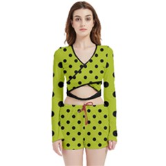 Large Black Polka Dots On Acid Green - Velvet Wrap Crop Top And Shorts Set by FashionLane