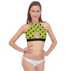 Large Black Polka Dots On Acid Green - Cross Front Halter Bikini Top by FashionLane