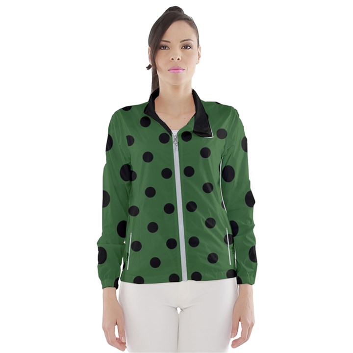 Large Black Polka Dots On Basil Green - Women s Windbreaker